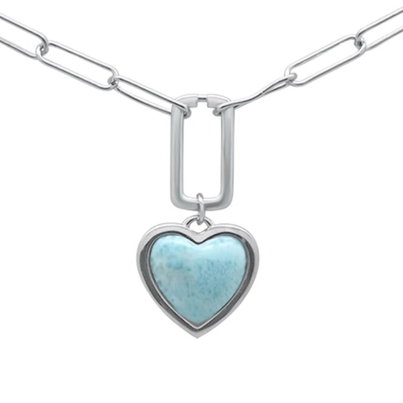NWT Natural Larimar 925 Sterling Silver Heart Paperclip Chain Necklace! NEW! - Picture 8 of 8